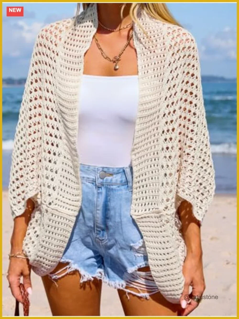 Women's Knit Open Front Long Dolman Sleeves Beach Crocheted Cover-Up